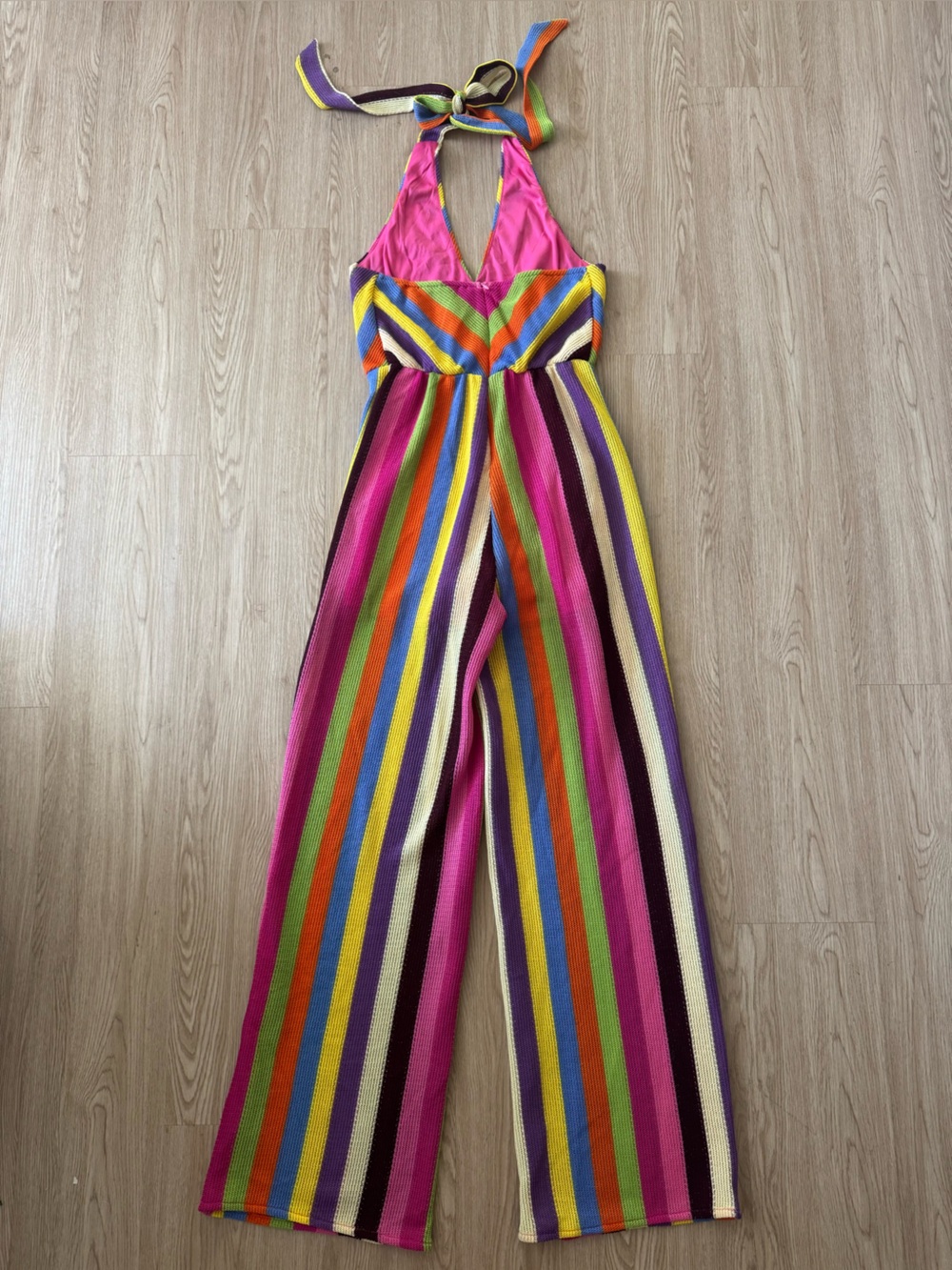 Milk & Honey rainbow Stripe Halter Wide-Leg Jumpsuit nwot - Picture 3 of 3